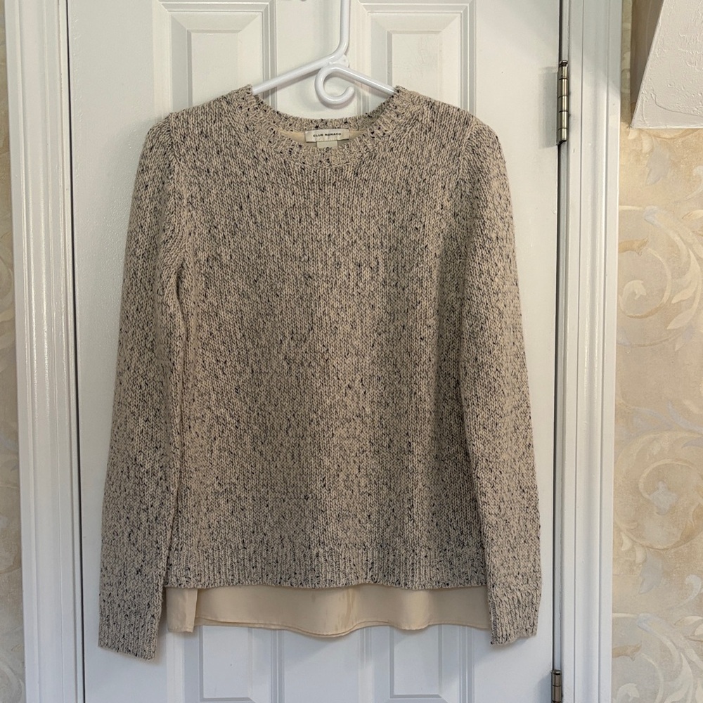 Club Monaco Wool Blend Marled Beige/Gray Knit Sweater with Cream Under Layer